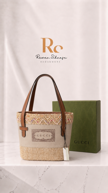 Gucci Logo Raffia Canvas Tote